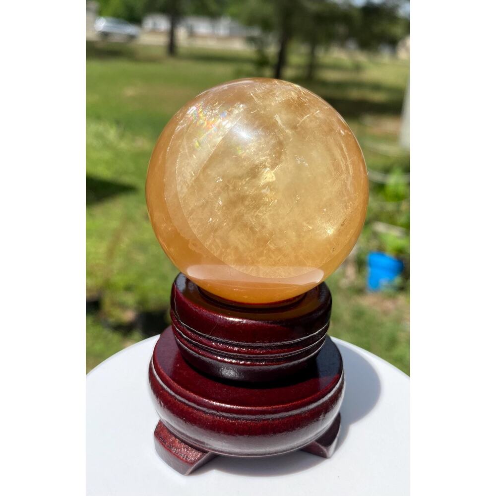 56 mm Gemmy Juicy Honey Calcite Crystal Sphere with Stand